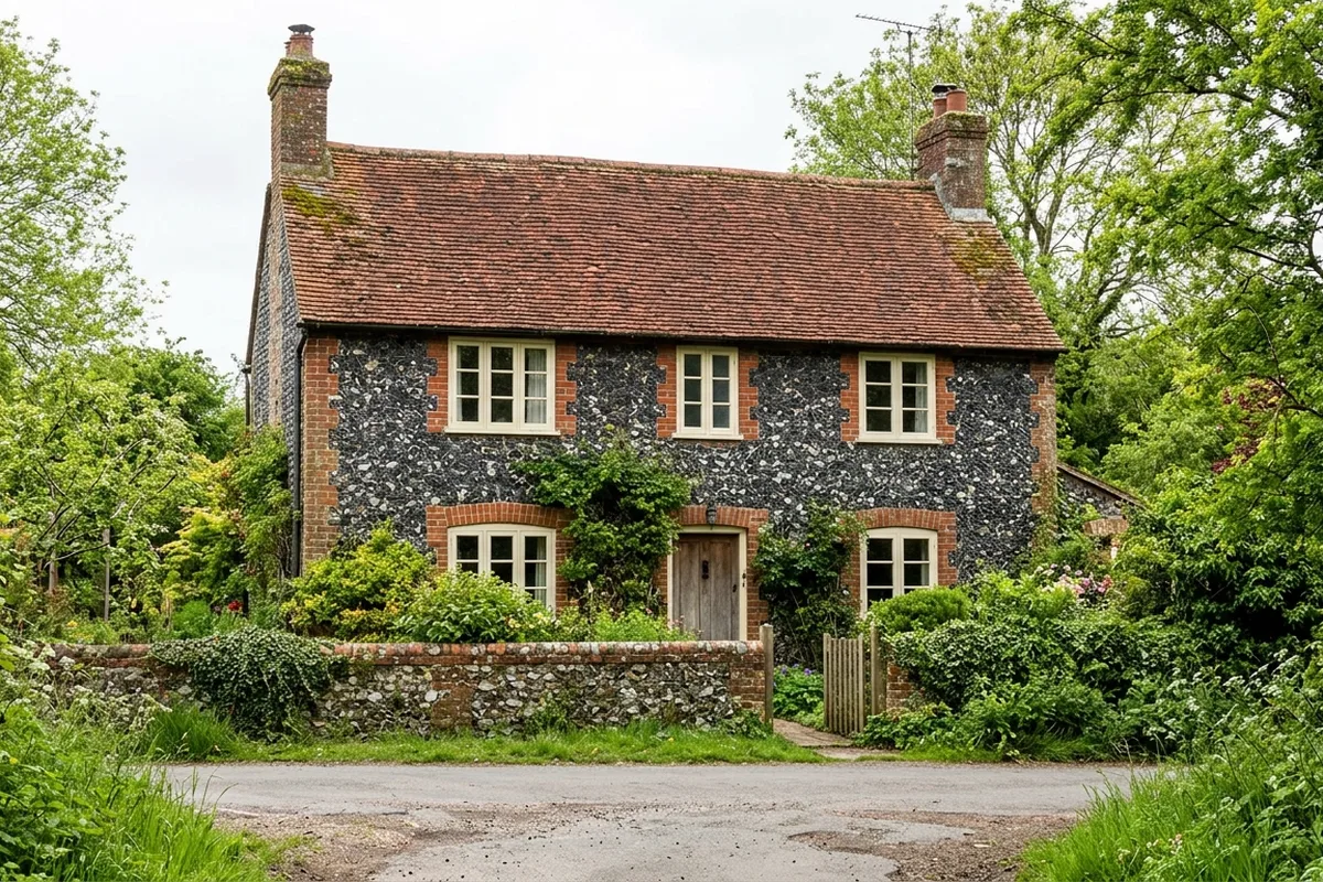 Detached flint cottage with red brick dressings, cream casement windows and a flint garden wall, typical of older houses around Bramber