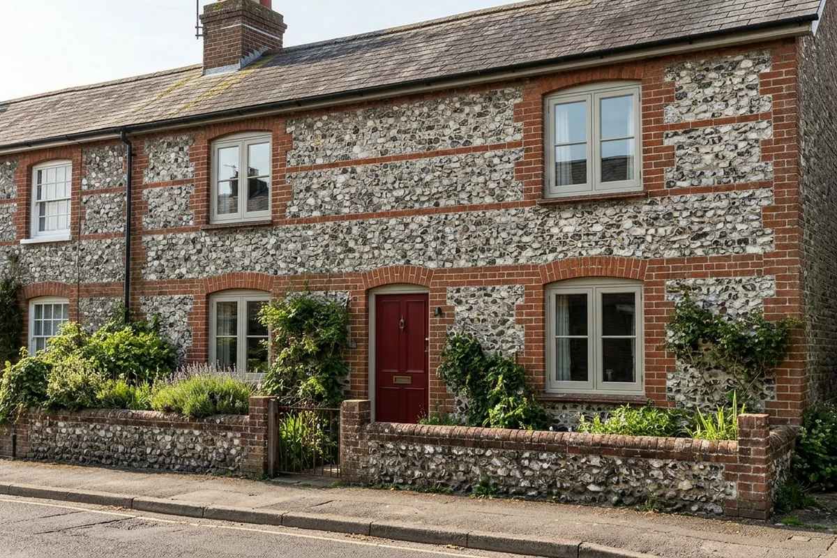 The same brick and flint cottage fitted with four painted timber flush casement windows and a new front door