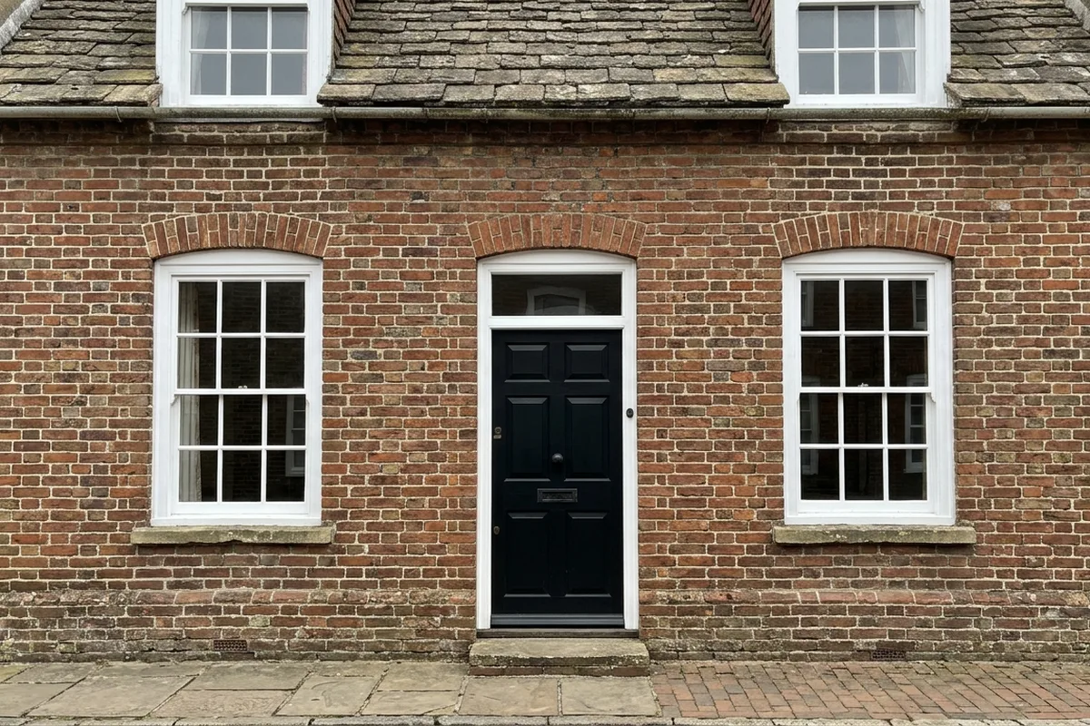 Listed red brick fronted house with painted timber box sash windows either side of the front door
