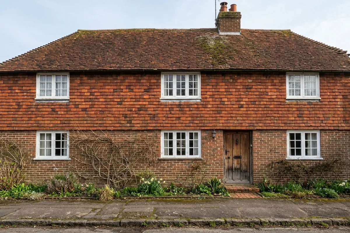 Long brick cottage with a tile-hung upper floor, white small-paned casement windows and a weathered oak door, typical of older Henfield houses