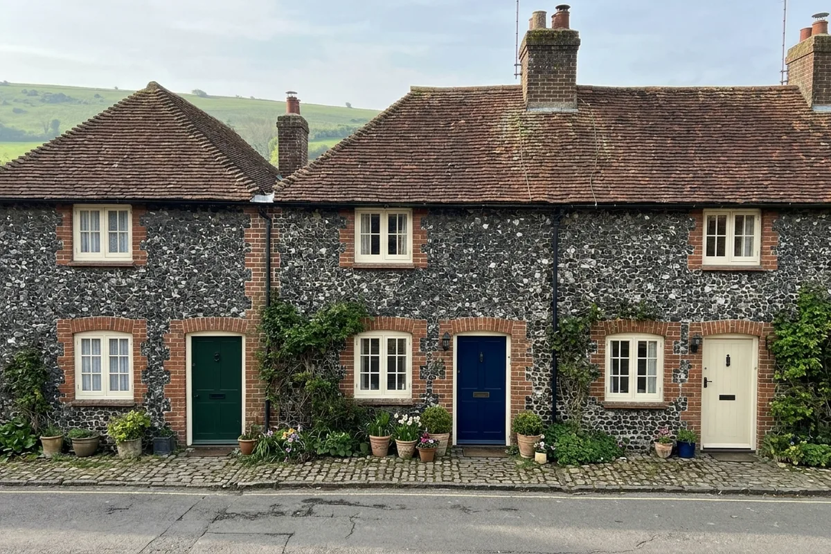 Terrace of three flint cottages with red brick dressings, cream casement windows and green, blue and cream front doors, with a grassy hill behind