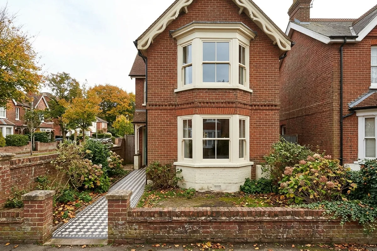 Victorian red brick villa with decorative bargeboards and a two-storey bay of cream sliding sash windows behind a low brick wall